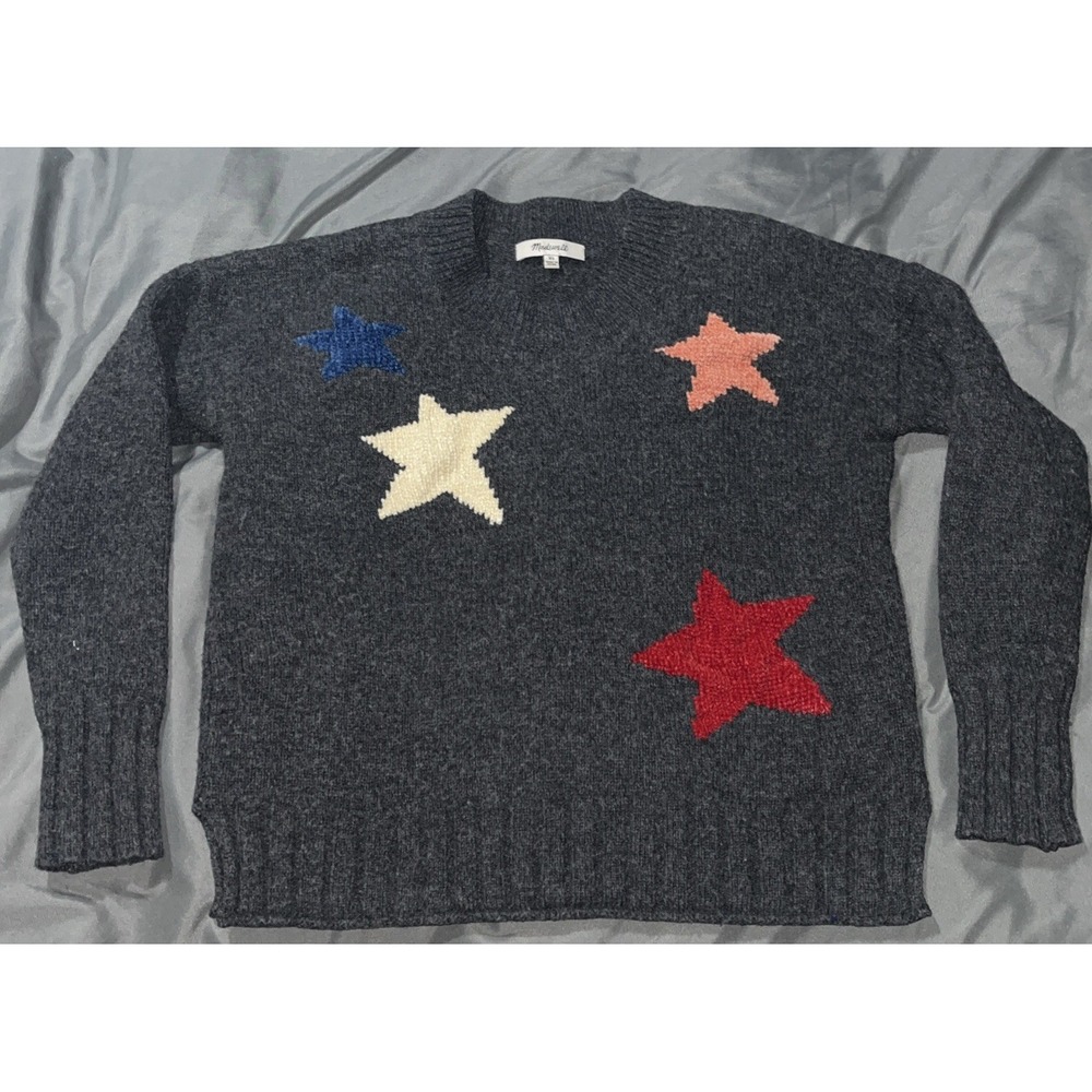 Madewell Starry Night Pullover Gray Wool Sweater with White Red Orange Stars XS